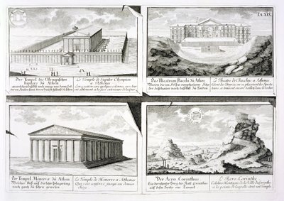 Utsikt over fire klassiske bygninger: Zeus-tempelet, Dionysos-teatret i Athen, Athena-tempelet i Athen og et tempel i Korint, fra Entwurf einer historischen Architektur, av Johann Bernhard Fischer von Erlach
