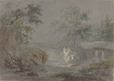 Skogkledde klipper langs en elvebredd av Johann Caspar Huber