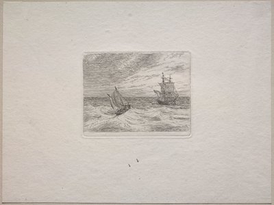Røft hav med en to-master og seilbåt av Johan Christian Dahl
