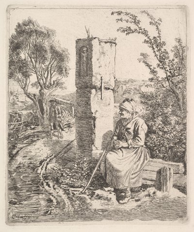 En gammel dame som sitter nær en søyle ved Side of Road, 1819. av Johann Christian Erhard