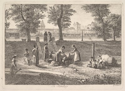 Utendørsscene for kvinner i innenlandske aktiviteter i Nürnberg, 1800-tallet. av Johann Christian Erhard