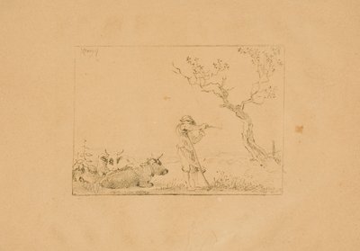 Gjeter som skjerper en ljå med storfe av Johann Christian Klengel