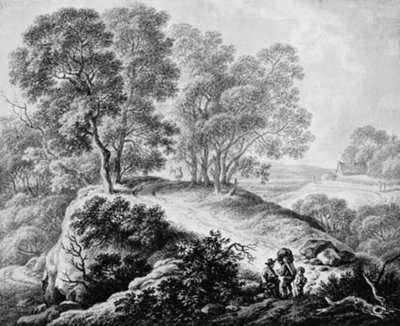 Landskap med figurer og vei mellom høye trær av Johann Christian Klengel