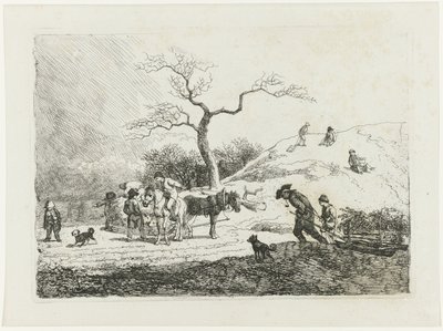 Vinterlandskap med akebarn og ulike sleder av Johann Christian Klengel