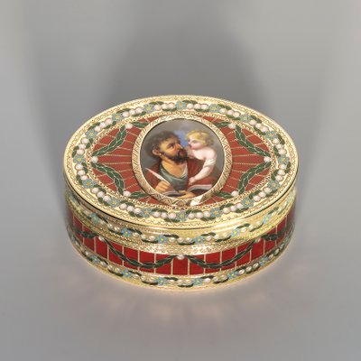 Snusboks, Dresden, ca. 1775-80, miniatyren Genève, ca. 1800 (saksisk hardstein, gull og emalje) av Johann Christian Neuber