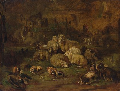 Sauer, geiter og kyllinger (olje på papir lagt ned på lerret) av Johann Christian Reinhardt