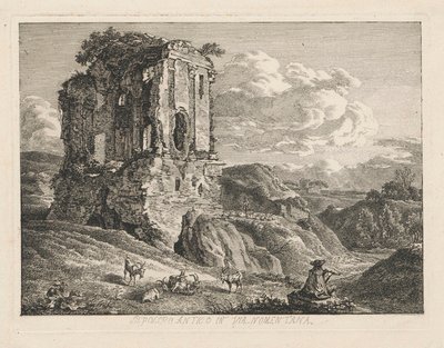 Landskap med en antikk grav, geiter til høyre og en gjeter som spiller fløyte av Johann Christian Reinhart