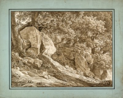 Steinete landskap med pan som spiller på fløyte av Johann Christian Reinhart