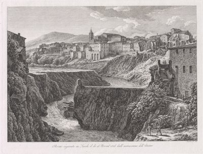 Ruiner forårsaket i Tivoli, av utveksten av Aniene (Tivoli skadet av flom av elven Aniene) av Johann Christian Reinhart