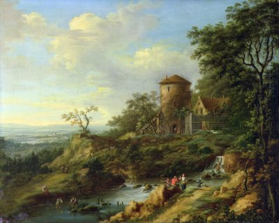 Rhinsk landskap med fiskere nær et tårn (olje på lerret) av Johann Christian Vollerdt or Vollaert