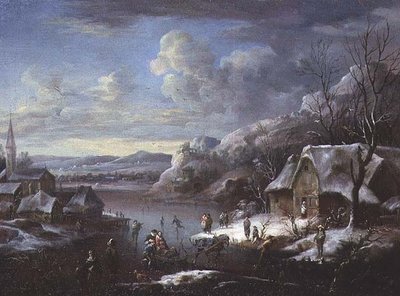 Vinterscene med mange figurer av Johann Christian Vollerdt or Vollaert