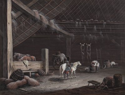Den hvite hesten: låveinteriør av Johann Christoph Dietzsch