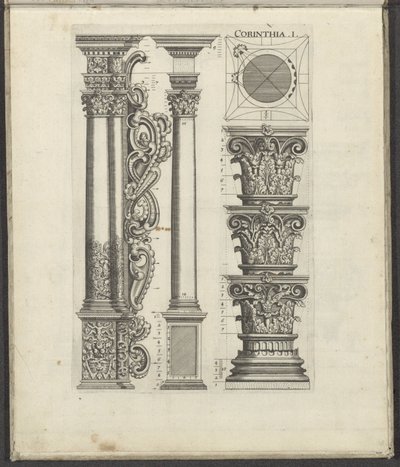 Kolonner og hovedsteder i den korintiske orden Corinthia .I. (tittel på objekt) Five Orders of Architecture (serietittel) av Johann Christoph Feinlein