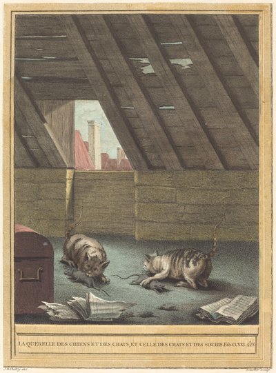 Krangelen mellom katter og hunder, og krangelen om katter og mus av Johann Christoph Teucher after Jean Baptiste Oudry