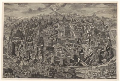 Oversiktskart i fugleperspektiv over Jerusalem med representasjoner av Kristi lidenskap av Johann Daniel Herz (I)