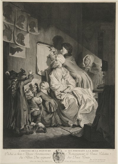 Opprinnelsen til maleri, eller fasjonable portretter; pub. 1767 av Johann Eleazar Schenau