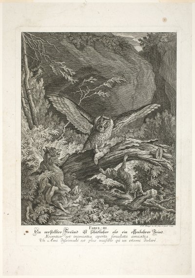 Fable III, plate tre fra Instructive Fables of the Realm of Theire av Johann Elias Ridinger