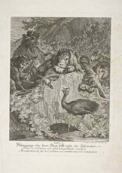 Fable V, plate fem fra Instructive Fables of the Realm of Theire av Johann Elias Ridinger