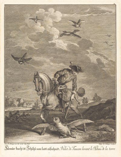 Falconeer løfter en ugle fra bakken av Johann Elias Ridinger