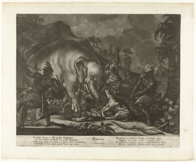 Elefantjakt Amerika (tittel på objekt) av Johann Elias Ridinger