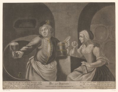 Mann og kvinne drikker øl og konjakk Øl og Brandewein / Cerevisia et vinum sublimatum av Johann Elias Ridinger