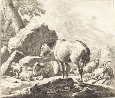 En hest, bøffel, sau og geit i et italiensk landskap av Johann Elias Ridinger after Johann Heinrich Roos