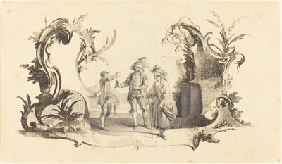 Cartouche Moderne med et ungt par som får servert vin av Johann Esaias Nilson
