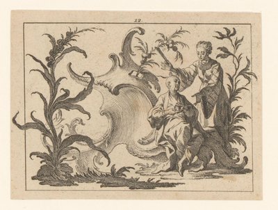 Kinesisk med kopp og tallerken satt i en rokokko-pynt, ved siden av ham er en kvinne med vifte Røykere på rokokko-pynt (serietittel) av Johann Esaias Nilson