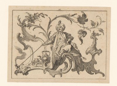 Røykende mann med turban på et rokokko-pynt, ved siden av en kanne, en kopp og en tallerken Røykere på rokokko-pynt (serietittel) av Johann Esaias Nilson
