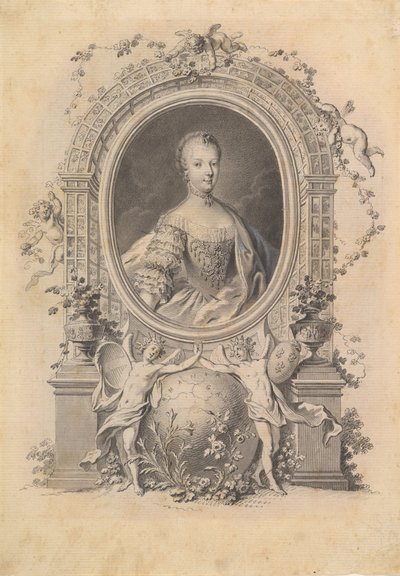 Portrett av dronning Marie-Antoinette i en dekorativ ramme, sent på 1700-tallet. av Johann Esaias Nilson