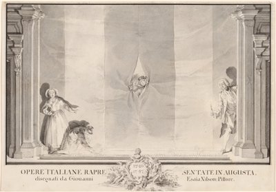 To skuespillere som titter gjennom et teatergardin mens andre forbereder fotlysene av Johann Esaias Nilson