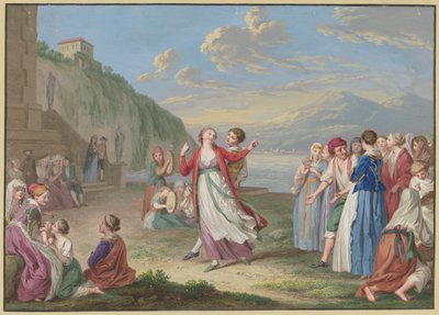 Italienske bønder underholder seg ved innsjøbredden med lek og dans, med høye fjell i bakgrunnen av Johann Friedrich August Tischbein