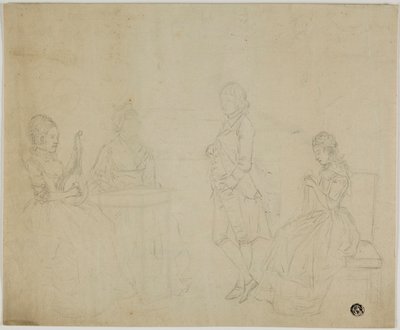 Skisse av familiegruppe med tre sittende kvinner og ung mann stående av Johann Friedrich August Tischbein