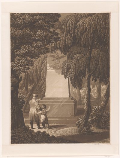 Mann med et barn foran et monument over en drept hæroffiser av Johann Friedrich Frick