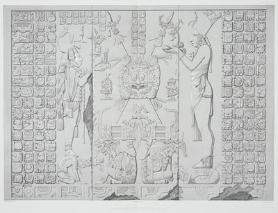 Relieff som viser en prest med tilbud fra Sanctuary of the Temple of the Sun, Palenque, platene 29 og 30 fra Ancient Monuments of Mexico, gravert av Werner, 1866 av Johann Friedrich Maximilian von Waldeck