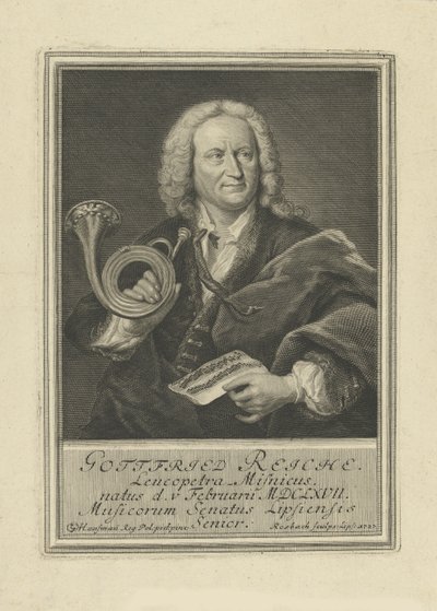 Portrett av trompetisten og komponisten Gottfried Reiche 1667-1734, 1727. av Johann Friedrich Rosbach