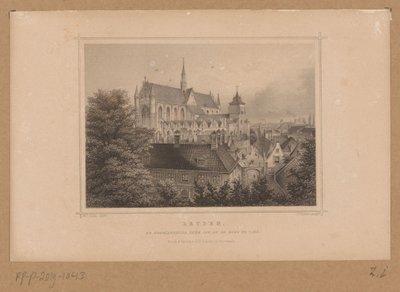 Utsikt over Hooglandse Kerk i Leiden Leyden, De Hooglandsche kerk, sett fra burg (tittel på objekt) av Johann Gabriel Friedrich Poppel