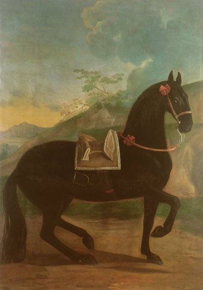 En svart hest med en spansk sal av Johann Georg Hamilton