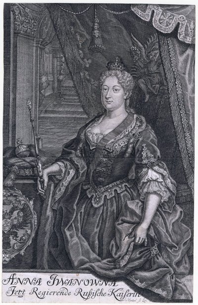 Anna Ivanovna var keiserinne av Russland fra 30. januar 1730 til 29. oktober 1740. - Portrett av keiserinne Anna Ioannovna (1693-1740) - Mentzel (Menzel), Johann Georg (1677-1743) - 1733 - Kobberstikk - 32,3x2. 6 -Privat samling av Johann Georg Menzel