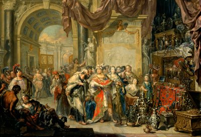 ""Cresus (596-546 avant JC) montre ses tresors a Solon (640-558 av. JC)"" - Croesus og Solon - Olje på kobber av Johann Georg Platzer (1704-1761) - Statens kunstgalleri, Dresden av Johann Georg Platzer