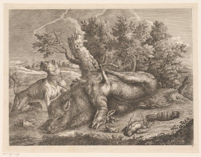 Jakthund og bytte med villsvin, hjort og fugler Jaktstøvler (serietittel) av Johann Georg Wachsschlunger