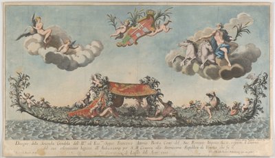 Den svært utsmykkede andre gondolen til Francesco Antonio Berka som går inn i Venezia, Gods on c..., 1700. av Johann Georg Wolfgang