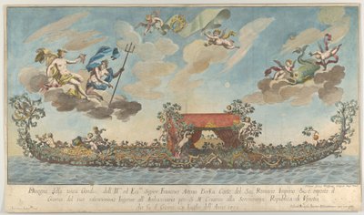Den svært utsmykkede tredje gondolen til Francesco Antonio Berka på vei inn i Venezia, Gods on cl..., 1700. av Johann Georg Wolfgang