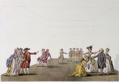 Siste scene av "Père de famille" av Denis Diderot - fac simile - gravering etter en tegning av Ziesenis, Coutellier, i "Histoire generale illustrée du theatre"" av Johann Georg Ziesenis