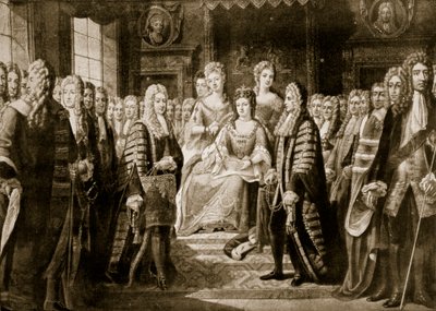 Unionsartikler blir presentert for dronning Anne, 1706, illustrasjon fra 