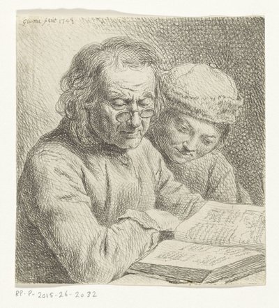 Mann og gutt leser i en bok av Johann Gottlieb Glume