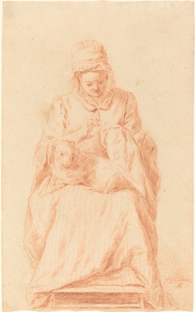 Ung kvinne syr med en hund hvilende på fanget hennes av Johann Gottlieb Glume