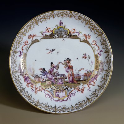 Tysk kunst: Meissen Porselen. Chinoiserie som representerer asiatiske karakterer som drikker teen. Tallerken dekorert av Johann Gregor Hoeroldt (eller Herold 1696-1775), ca. 1730. Paris, dekorativ kunst av Johann Gregor Herold