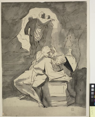 En mann i fortvilelse over en gravstein i en hule med andre skikkelser av Johann Heinrich Füssli