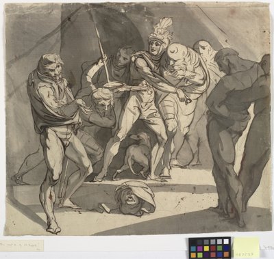 Richard Plantagenet kaster det avkuttede hodet til hertugen av Somerset for føttene til sin far. Illustrasjon for Shakespeares Henry VI, del 3, akt 1, linje 20 av Johann Heinrich Füssli
